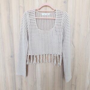 Womens Crochet Fringe Top L Beige Open Knit Boho Festival Western Hippie Coastal